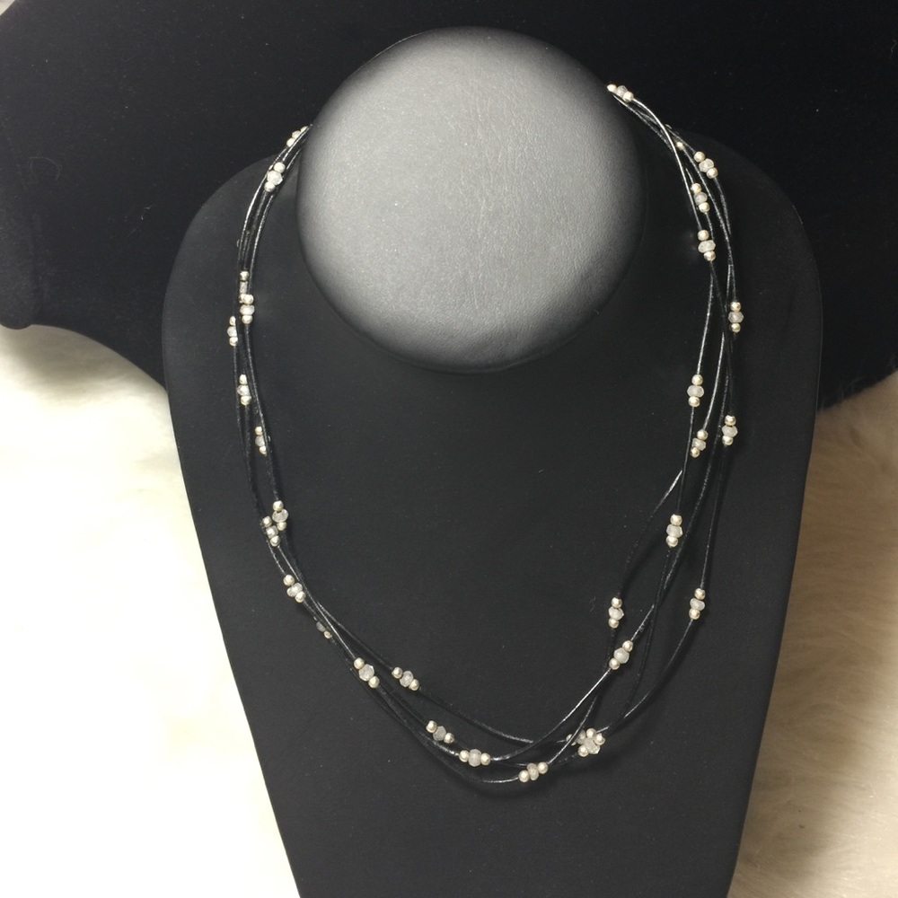 Silpada Multi-Strand Black Cord Necklace with White Beads